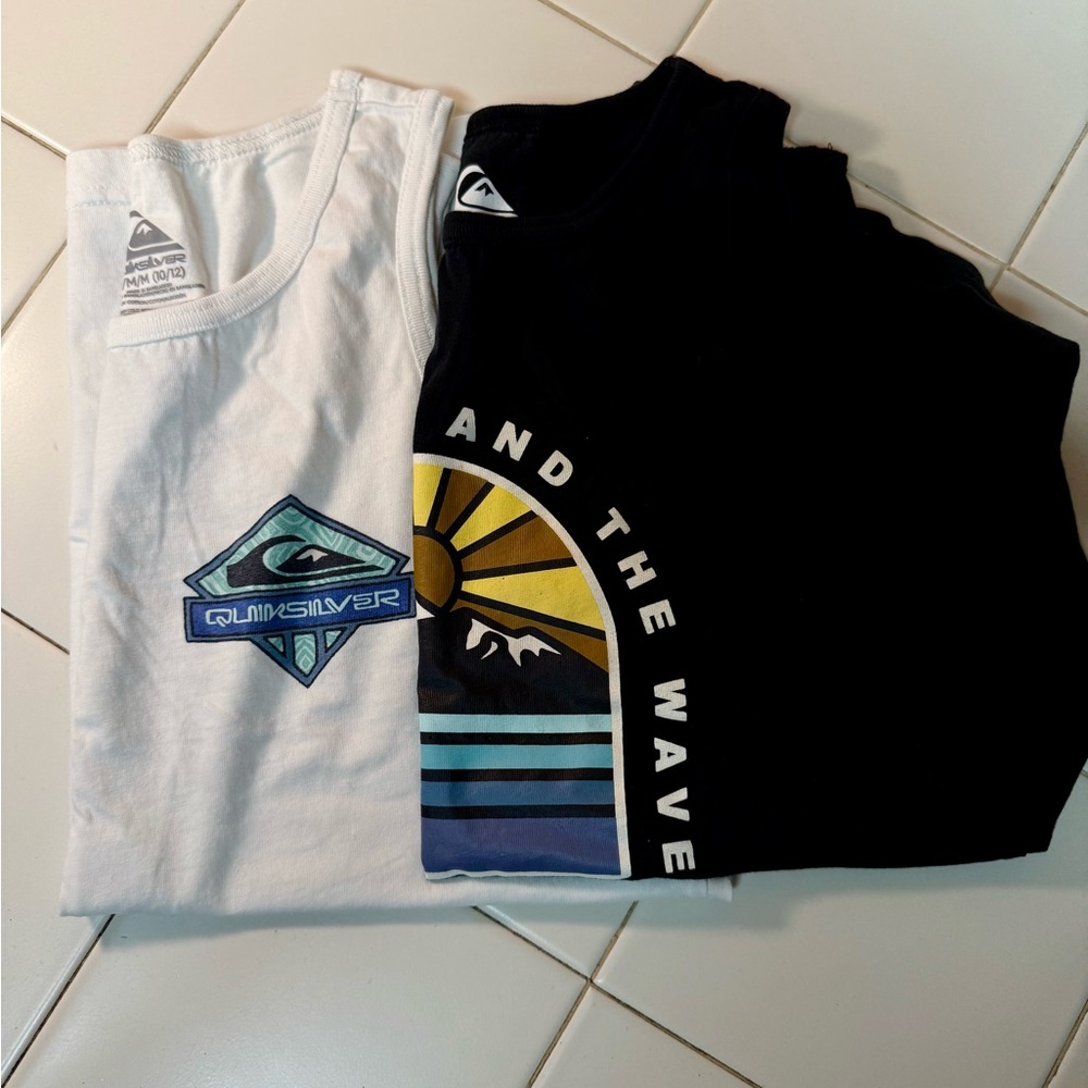 Set of TWO Quiksilver Kids' White and Black Tanks with vibrant graphics size M